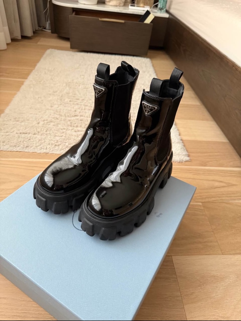 Prada Black Patent Lug-Sole Chelsea Boots